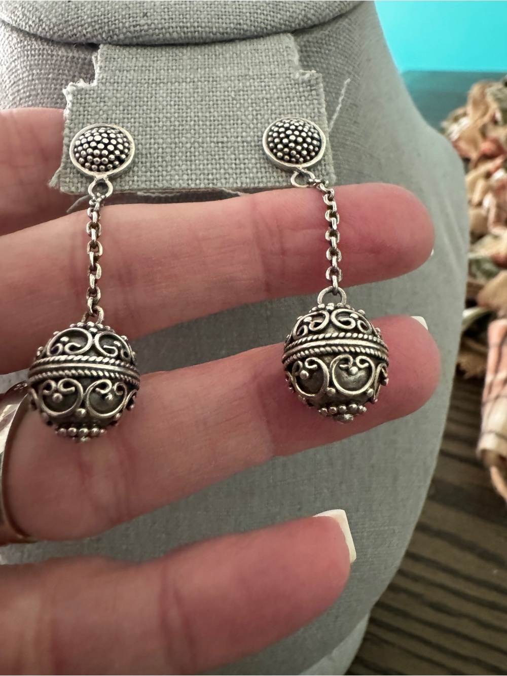 BA 925 Sterling Silver Ornate Scrollwork Ball Drop Earrings — 8.4g